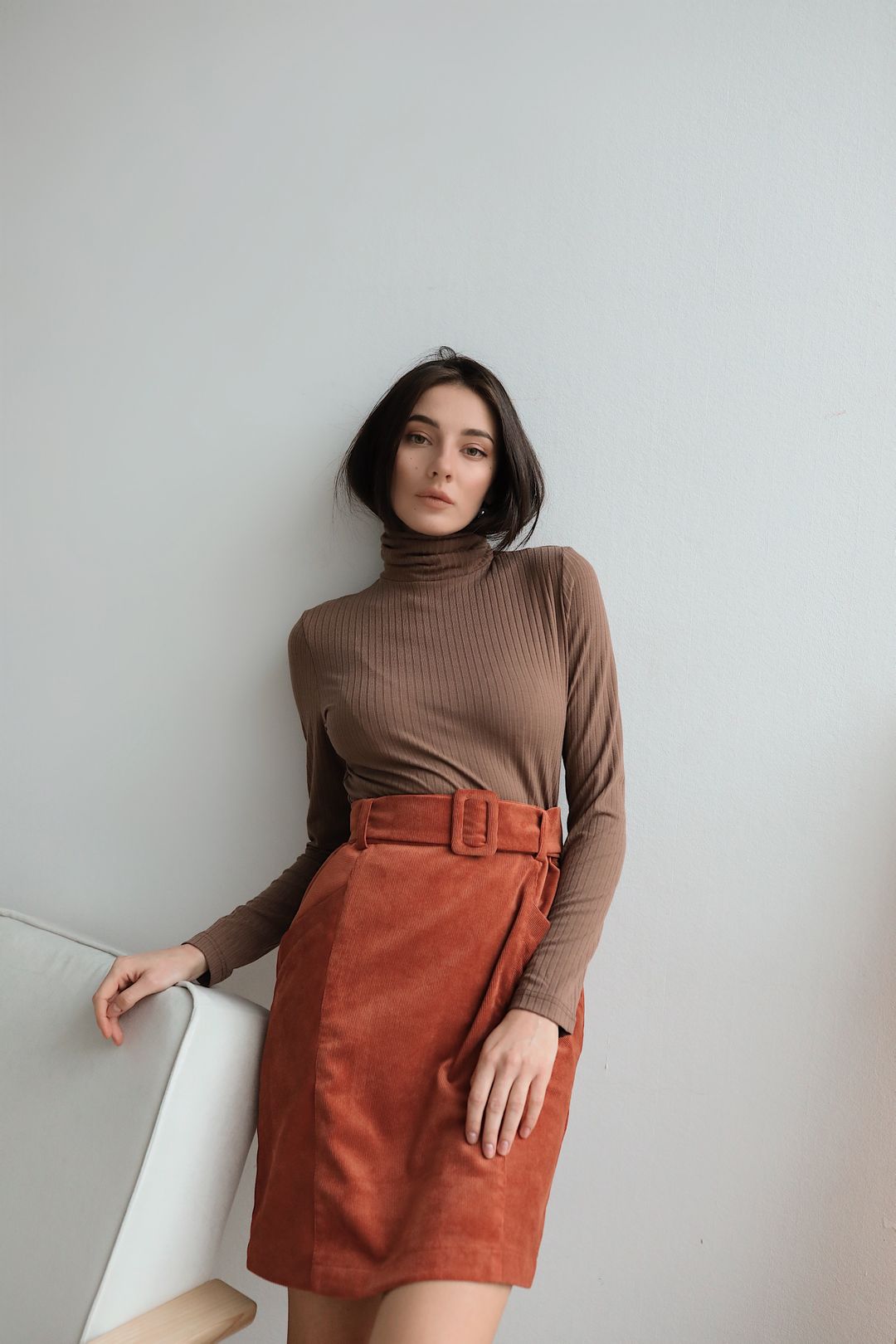 Corduroy skirt with turtleneck outfit