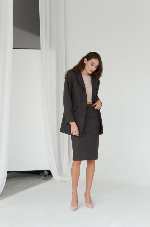 Костюм из кашемира Клетка жакет и юбка миди коричневый в клетку