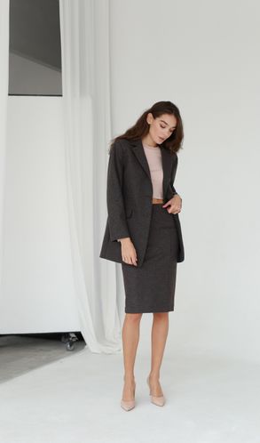 Костюм из кашемира Клетка жакет и юбка миди коричневый в клетку