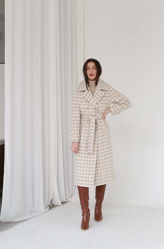 Пальто з кашеміру на теплому підкладі гусяча лапка бежеве