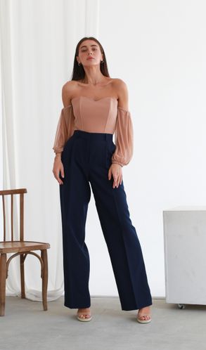 Штани-палаццо оверсайз на корсажній стрічці темно-сині