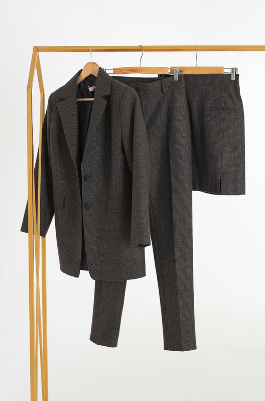 Костюм Тройка из кашемира жакет+юбка мини+брюки коричневый в клетку