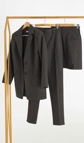 Костюм Тройка из кашемира жакет+юбка мини+брюки коричневый в клетку