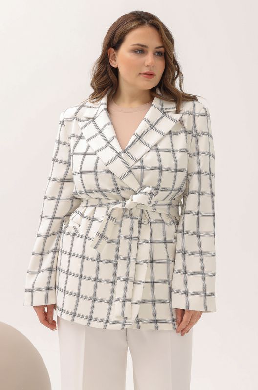 Жакет с поясом Оверсайз классический большого размера белый в клетку