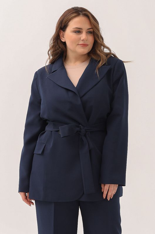 Жакет с поясом Оверсайз классический большого размера темно-синий