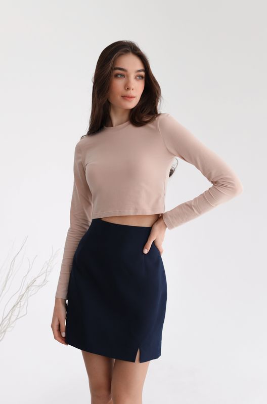 Юбка прямая из костюмки с разрезом и на подкладе темно-синяя