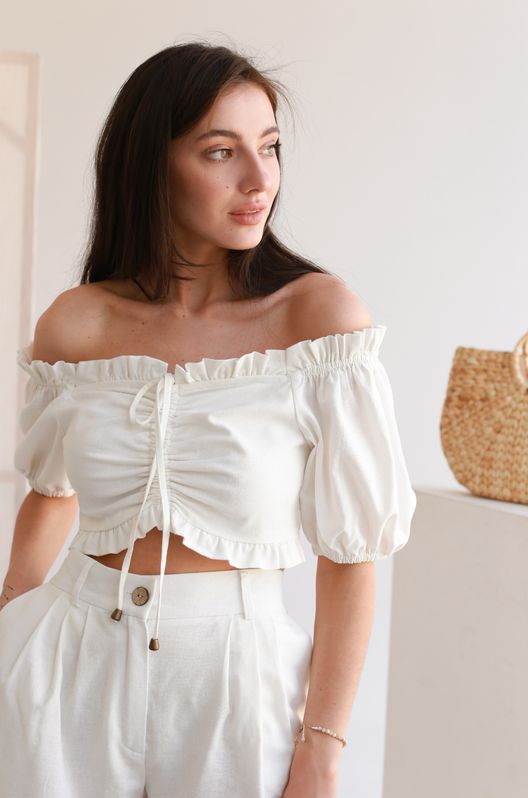 Топ лляний з рюшами на кулісці білий