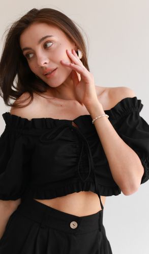 Топ лляний з рюшами на кулісці чорний