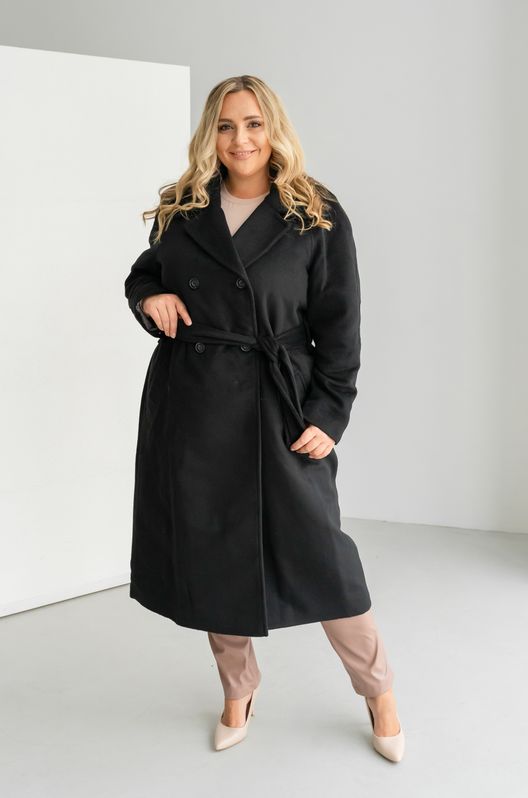 Пальто из кашемира на тонком подкладе Осень-Весна большого размера черное