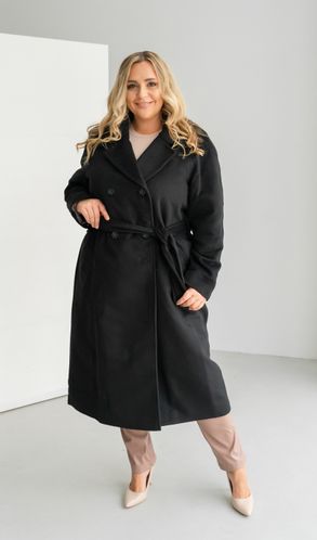 Пальто из кашемира на тонком подкладе Осень-Весна большого размера черное