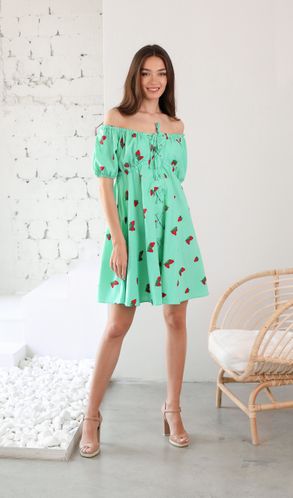 Платье изо льна с принтом Клубничка Мятное