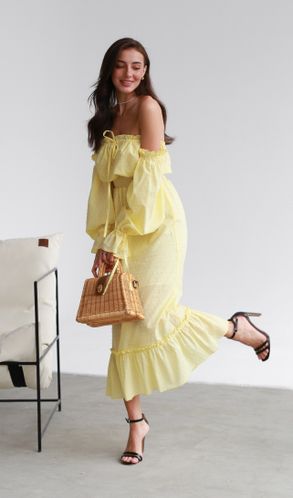 Платье из батиста Венеция со спущенными рукавами Лимонное