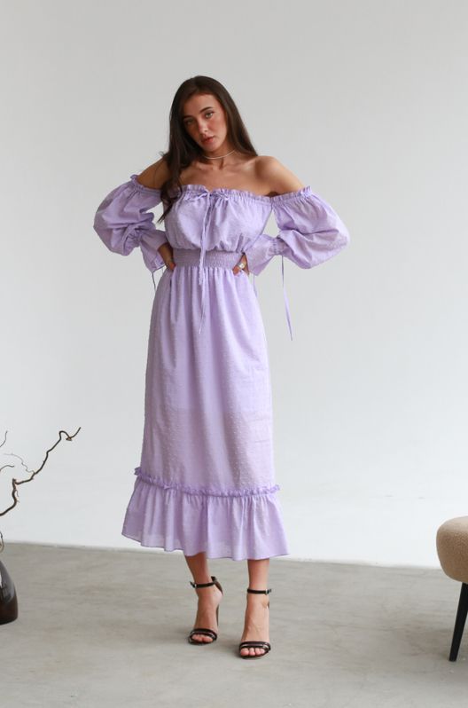 Платье из батиста Венеция со спущенными рукавами Лавандовое