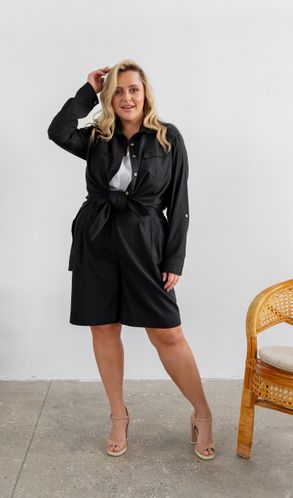 Костюм льняной с рубашкой и шортами большого размера черный