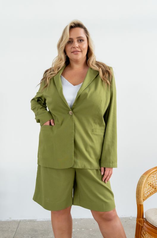 Костюм лляний класичний з прямим жакетом і шортами великого розміру оливка