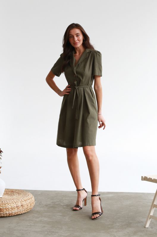 Платье льняное на бамбуковых пуговицах с пышным рукавом хаки