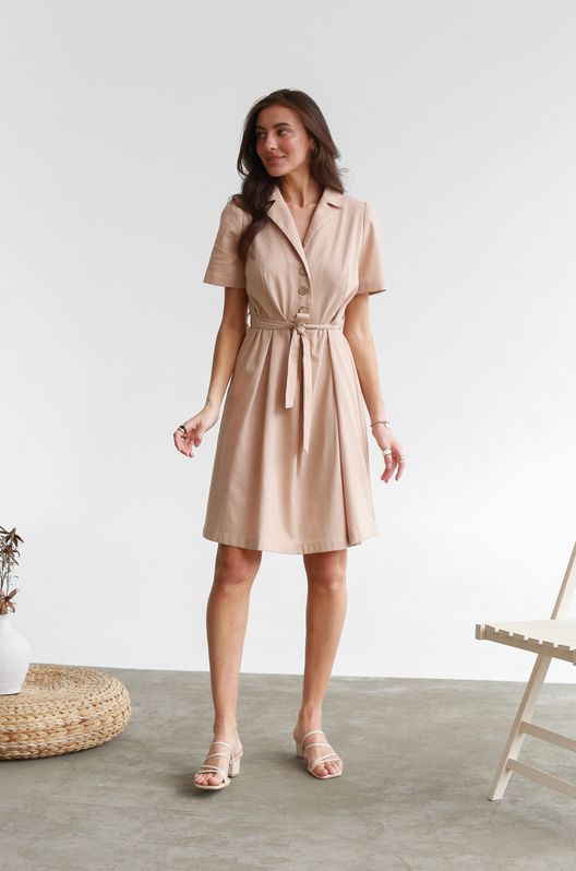 Платье льняное на бамбуковых пуговицах с пышным рукавом бежевый