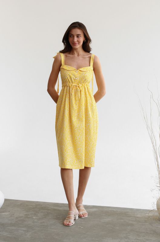 Сарафан льняной с воротником в цветочный принт желтый