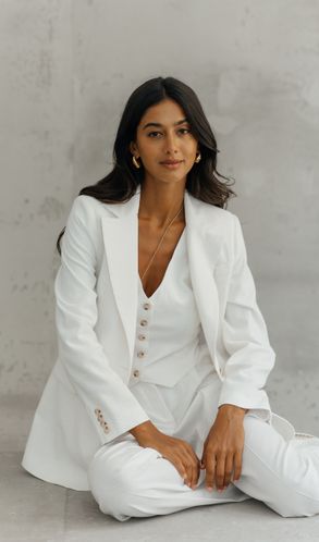 Костюм льняной Марокко прямой жакет и брюки-палаццо с корсажной лентой белый