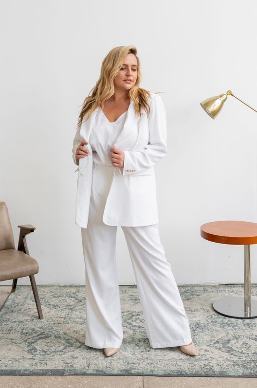 Костюм изо льна Марокко прямой жакет и брюки-палаццо большого размера белый