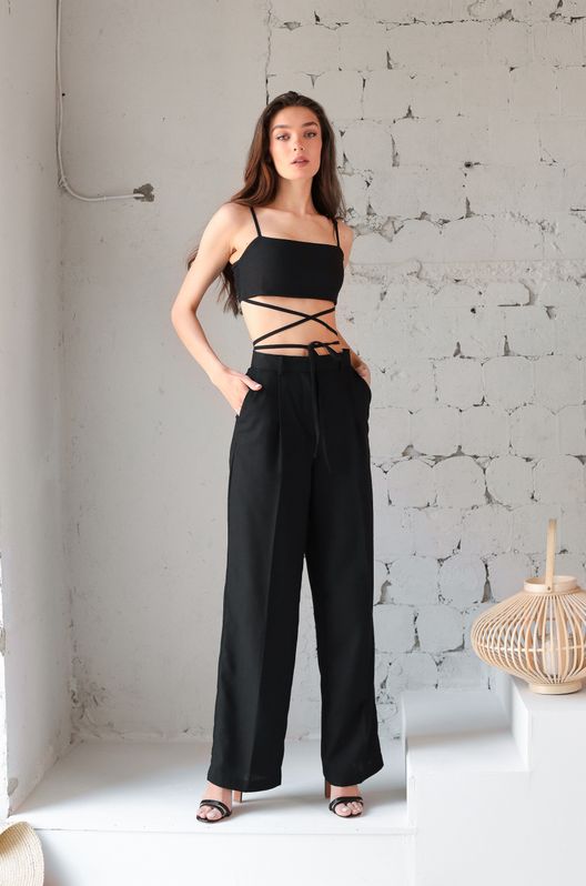 Брюки-палаццо льняные Марокко на корсажной ленте черные