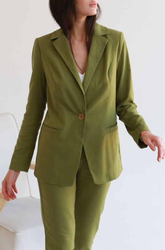 Пиджак льняной классический оливка