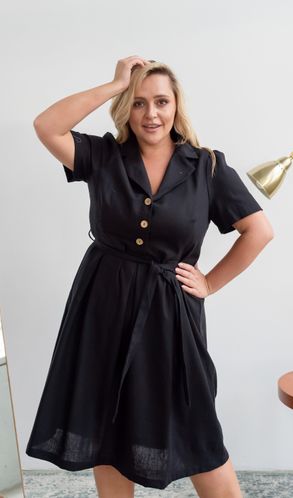 Сукня з натурального льону з пишним рукавом і бамбуковими ґудзиками великого розміру чорна