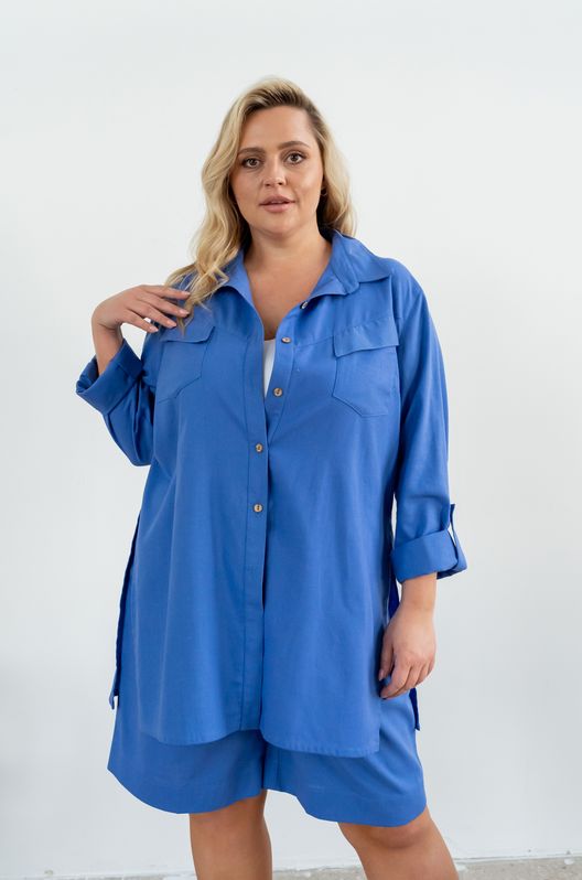 Сорочка лляна прямого крою з розрізом великого розміру синя