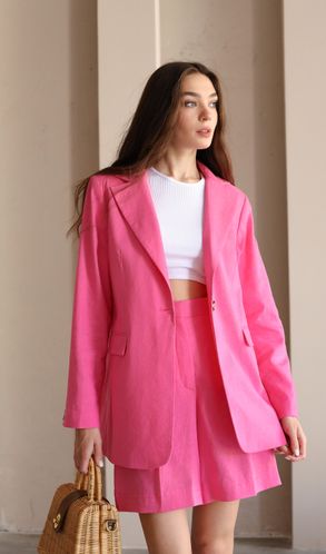 Костюм лляний Марокко жакет прямого крою та шорти з корсажною стрічкою малиновий
