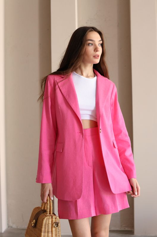 Костюм лляний Марокко жакет прямого крою та шорти з корсажною стрічкою малиновий