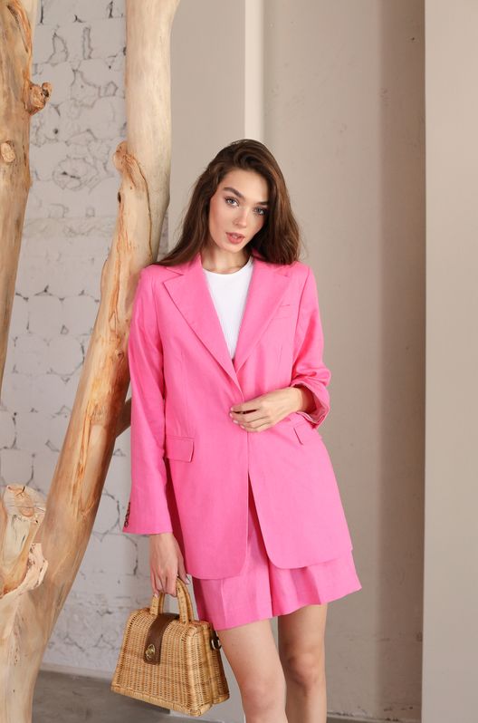 Костюм льняной Тройка Марокко жакет + брюки-палаццо + шорты на корсажной ленте малиновый