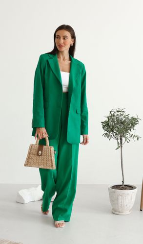 Костюм льняной Марокко прямой жакет и брюки-палаццо с корсажной лентой Зеленый