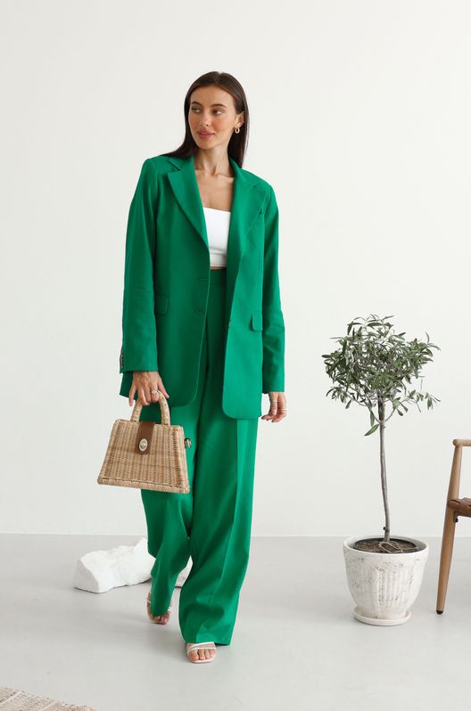 Костюм льняной Марокко прямой жакет и брюки-палаццо с корсажной лентой Зеленый