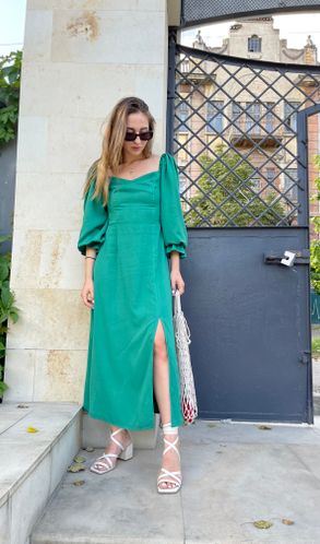 Платье из штапеля Грейс с разрезом на ноге однотонное Темно-зеленое