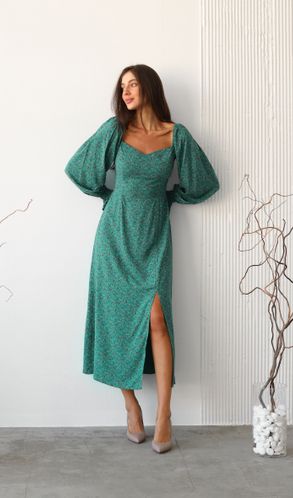 Платье из штапеля Грейс с разрезом на ноге в мелкий цветочек Темно-зеленое