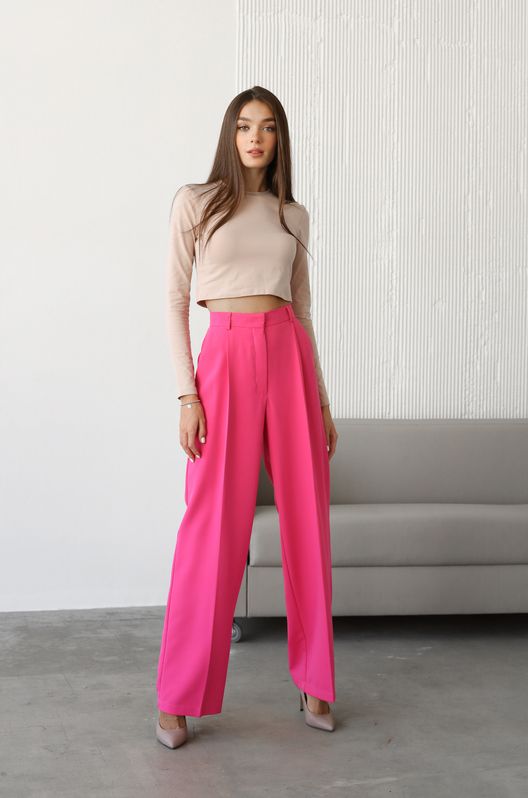 Штани-палаццо оверсайз на корсажній стрічці малинові