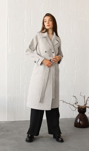 Пальто з кашеміру зимове на теплому підкладі великого розміру світло-сіре
