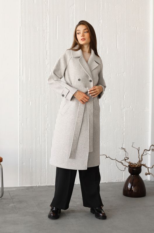Пальто з кашеміру зимове на теплому підкладі великого розміру світло-сіре