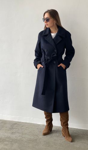 Пальто з кашеміру зимове на теплому підкладі великого розміру темно-синє