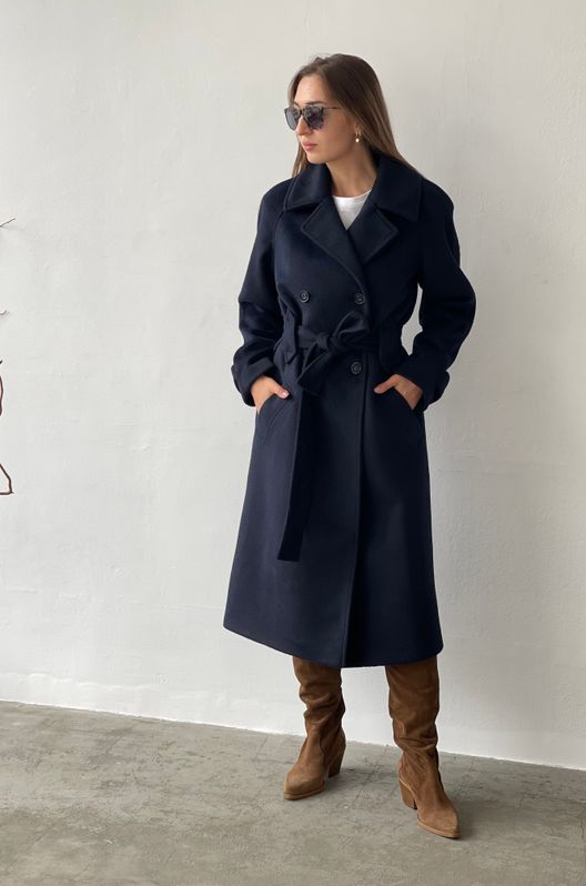 Пальто з кашеміру зимове на теплому підкладі великого розміру темно-синє