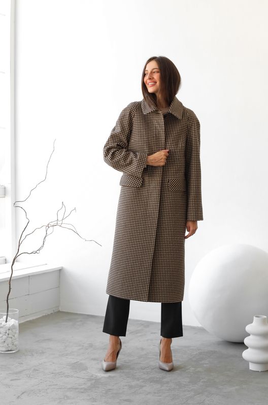 Пальто прямого крою Прага демісезонне з принтом гусячої лапки бежеве