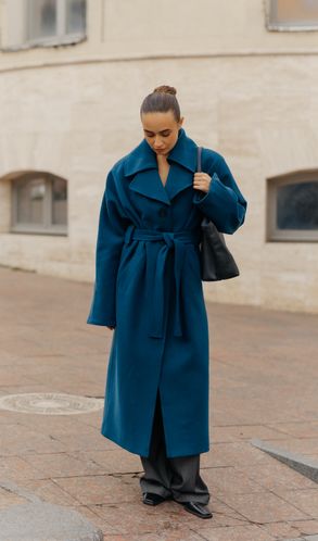 Пальто удлиненное из турецкого кашемира KIMONO демисезонное Синее