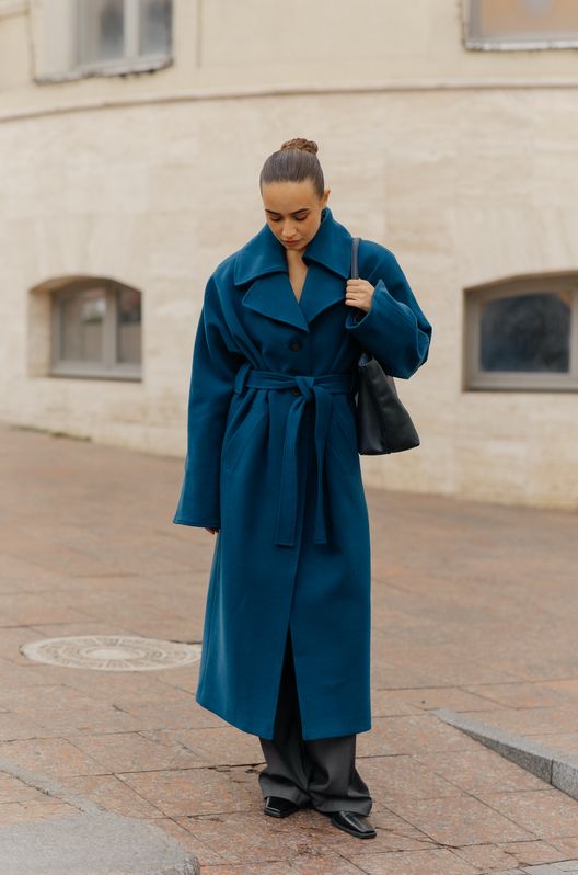 Пальто удлиненное из турецкого кашемира KIMONO демисезонное Синее