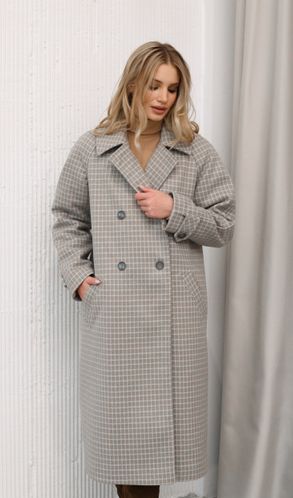 Пальто кашемірове рівного крою двобортне з утеплювачем клітинка сіре