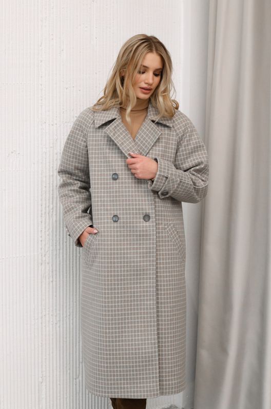 Пальто кашемірове рівного крою двобортне з утеплювачем клітинка сіре