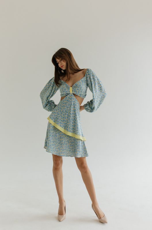 Плаття із софта-віскози Лавлі з рукавом і розрізами в талії квіткове блакитне