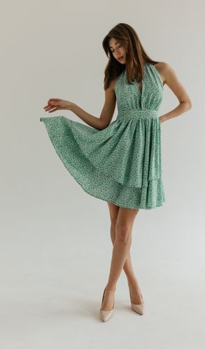Сарафан із штапеля Монро з воланами квітковий зелений