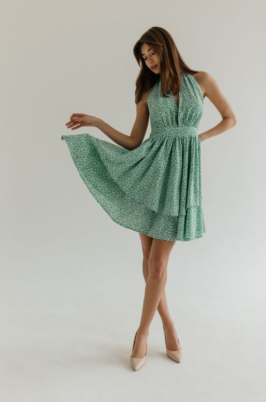 Сарафан із штапеля Монро з воланами квітковий зелений
