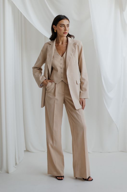 Костюм льняной Тройка Marocco пиджак жилет и брюки-палаццо бежевый