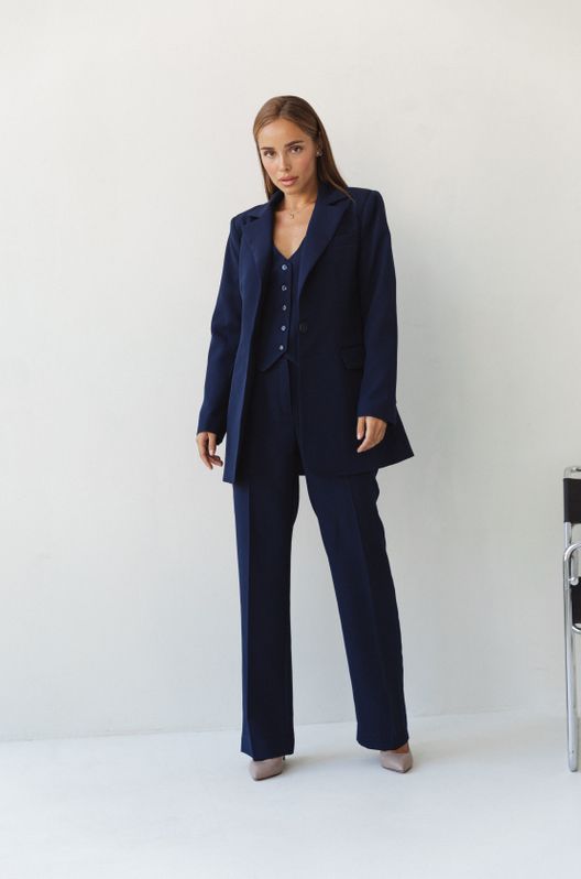 Костюм классический Тройка Джейн приталенный пиджак жилет брюки прямые темно-синий